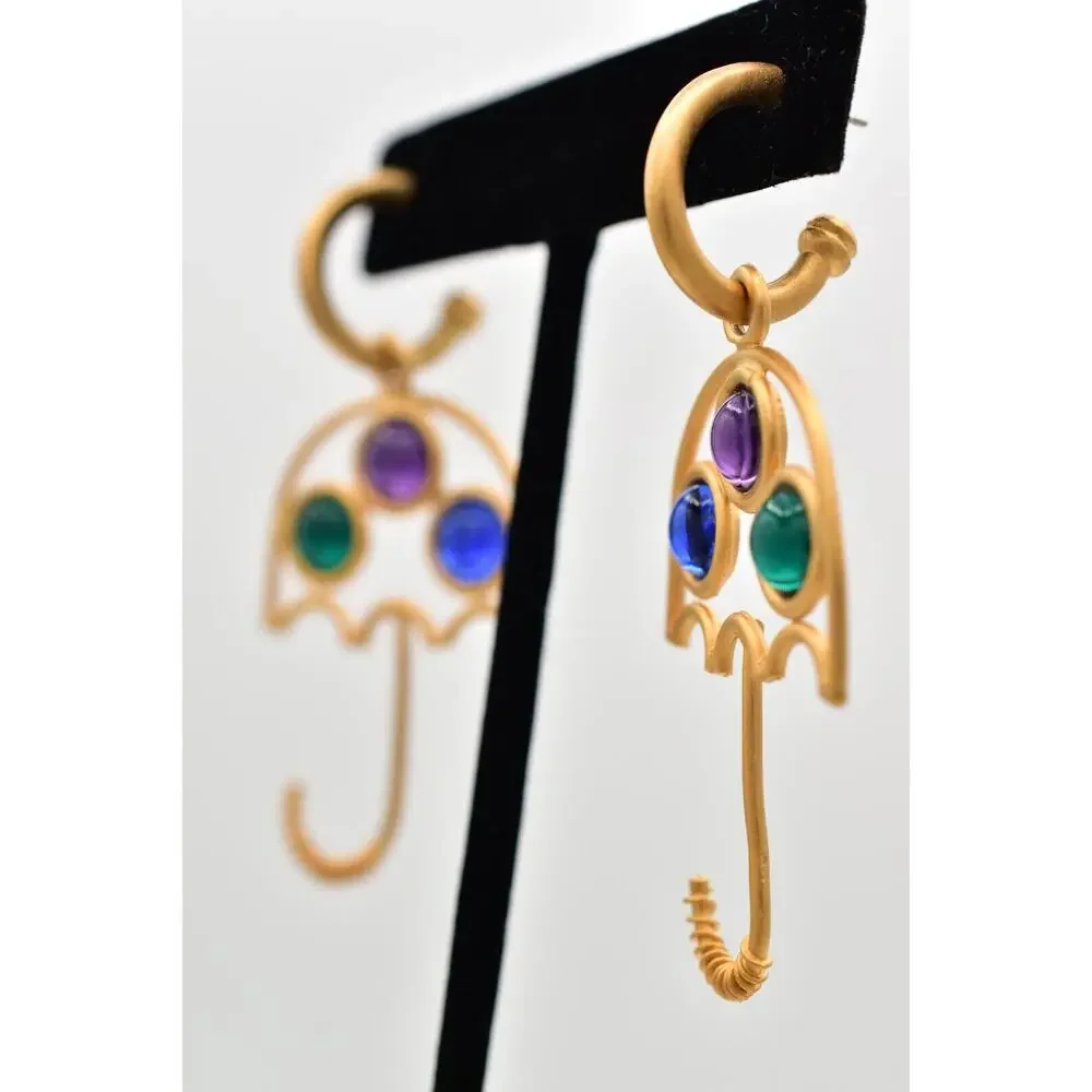 Vintage Cabochon Umbrella Dangle Earrings Brushed Gold Matte NOS 1980s BinBK